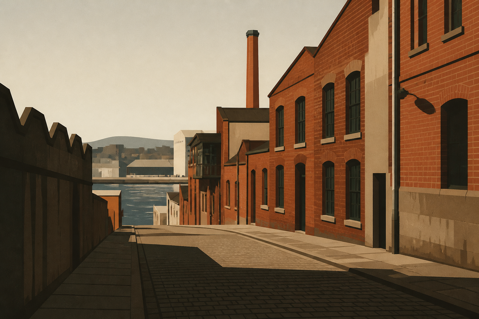 Illustrasjon av gamle hermetikkfabrikker i mur og tre langs en kaifront, med høy pipe.