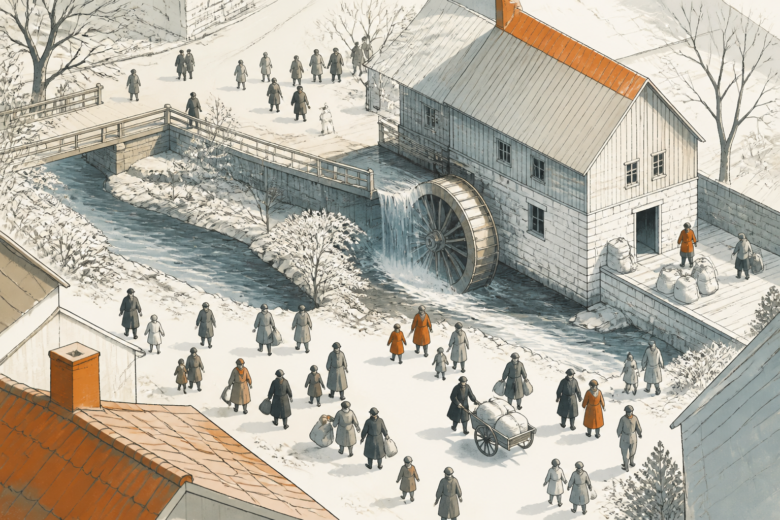 Bilde av en bekk som renner gjennom et landskap, med et historisk møllehjul i bakgrunnen.