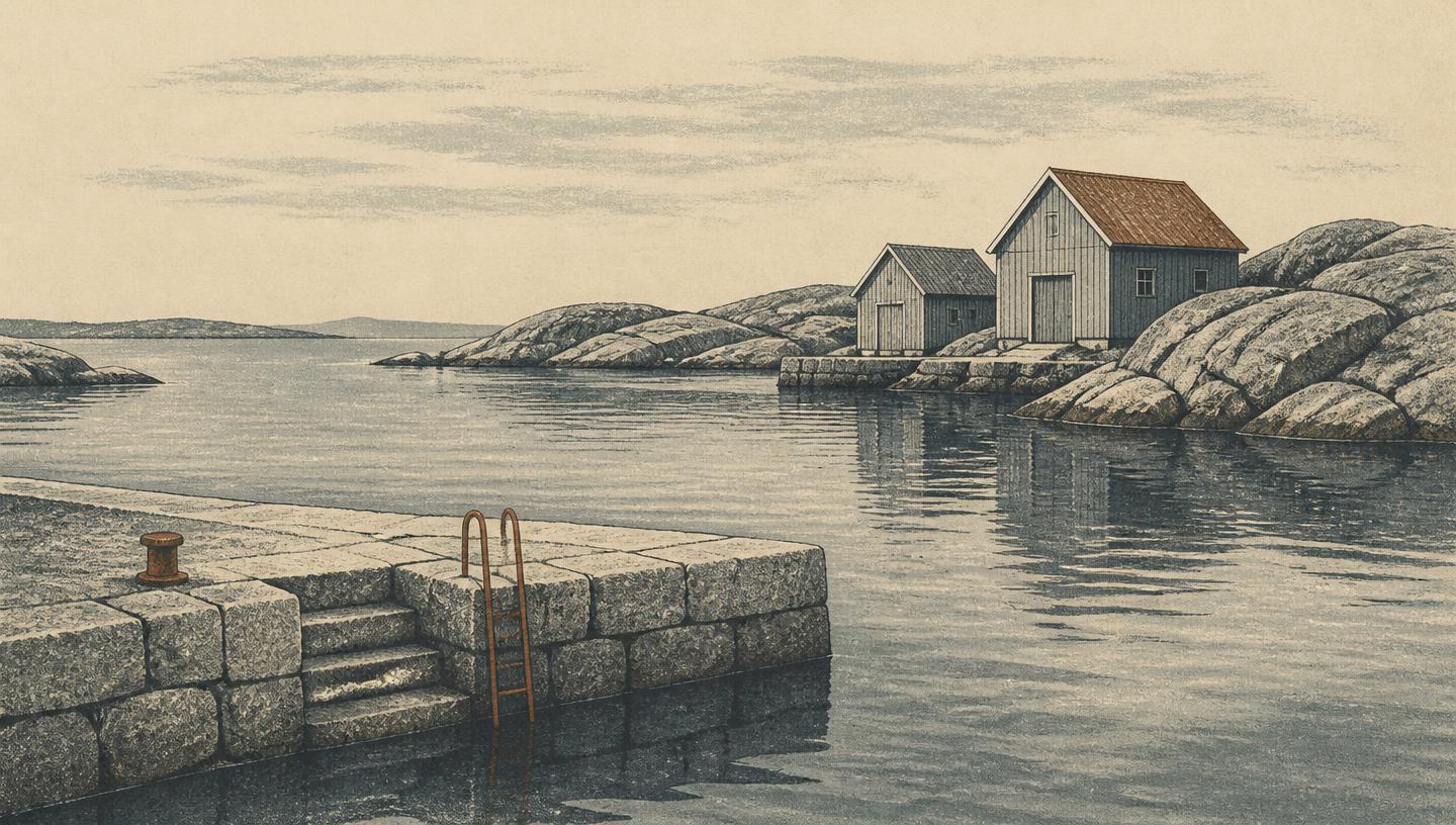 Illustrasjon av en rolig badevik med steinsatt kai, badetrapp og sjøhus i bakgrunnen.