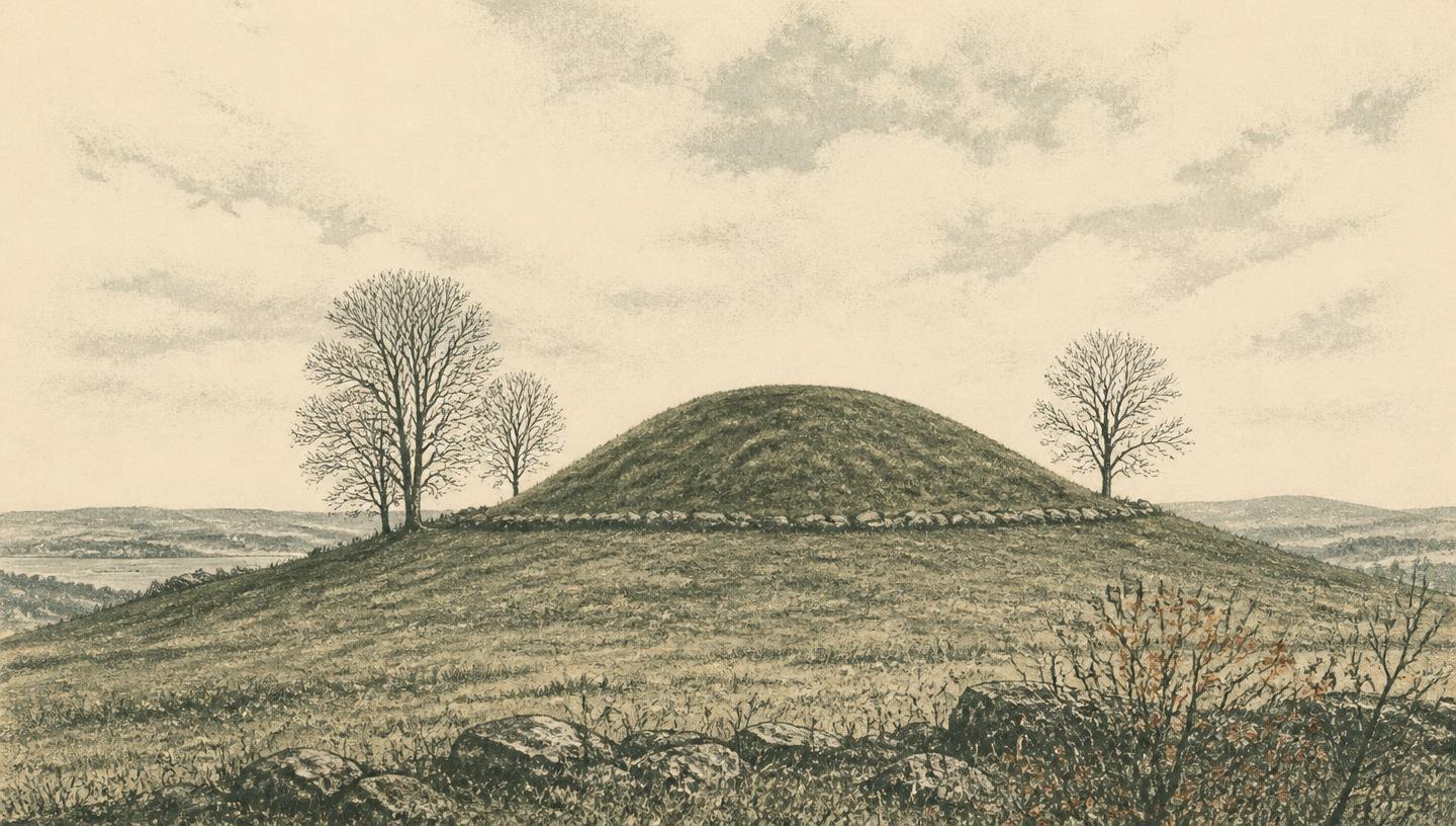 Illustrasjon av en gresskledd gravhaug på en høyde med noen nakne trær og åpen himmel.