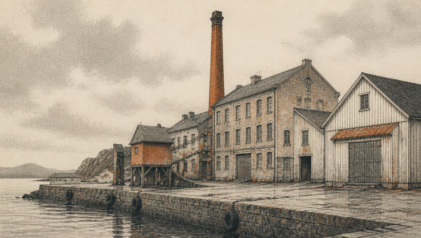 Illustrasjon av gamle hermetikkfabrikker i mur og tre langs en kaifront, med høy pipe.
