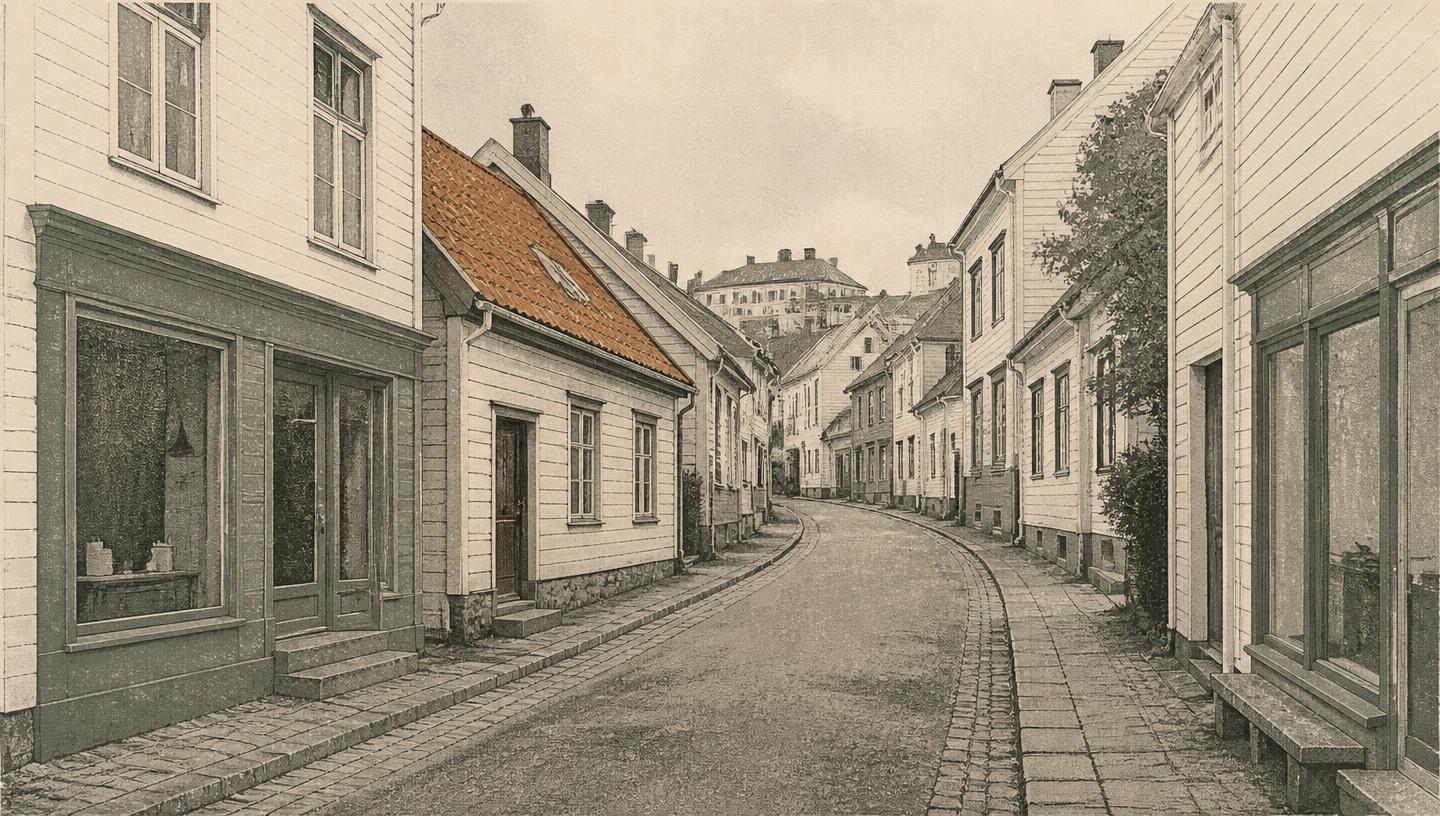 Illustrasjon av en smal gate med små trehus og enkle butikklokaler i første etasje.