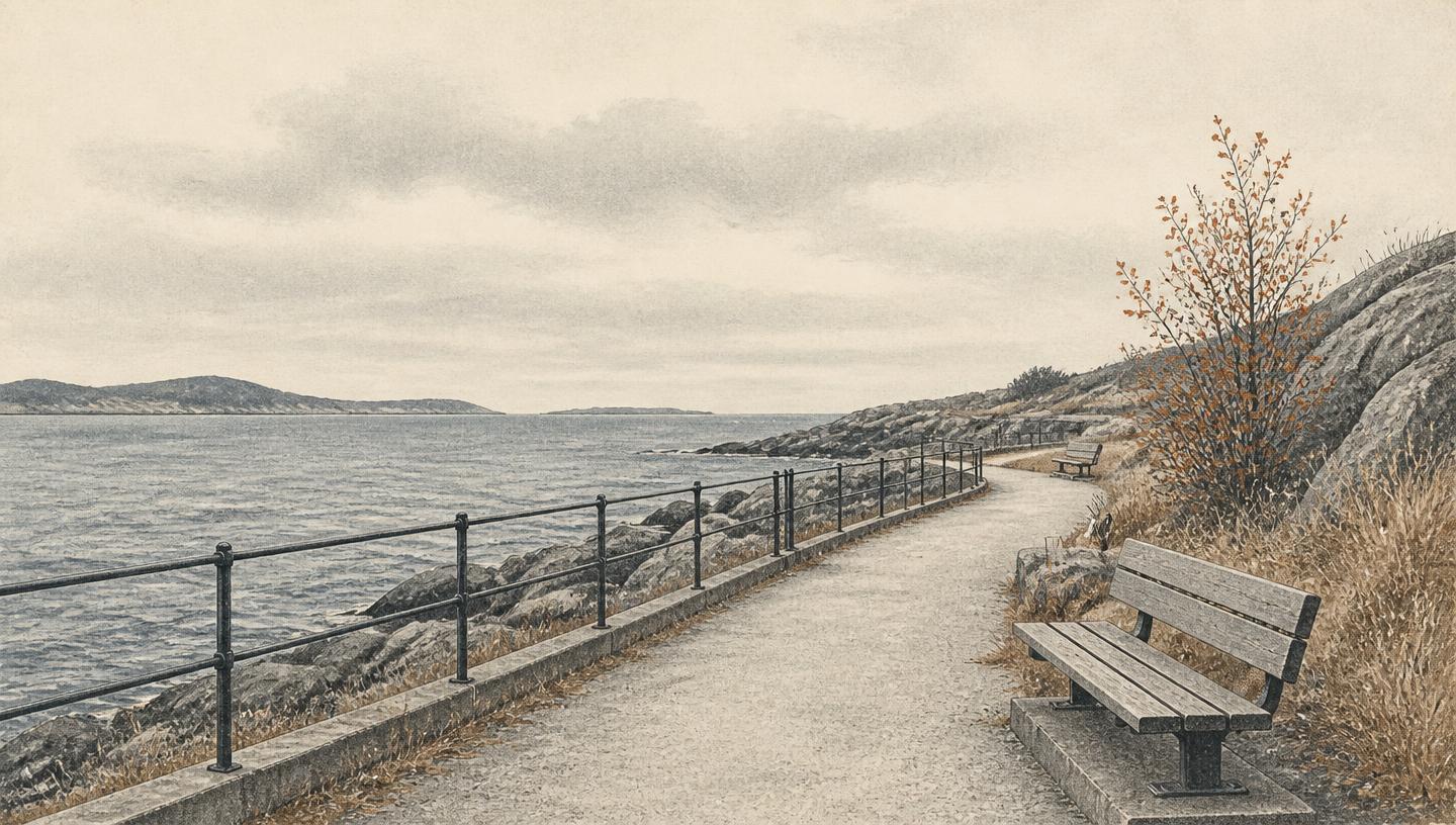 Illustrasjon av en kyststi med rekkverk og benker langs en steinete strandlinje.