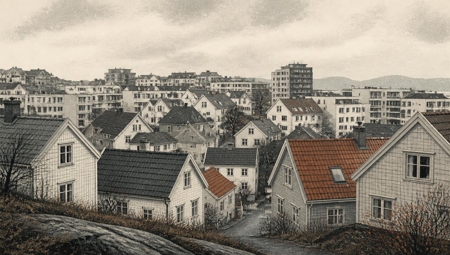 Illustrasjon av en tett utbygd bydel med små trehus og nyere boligblokker side om side.